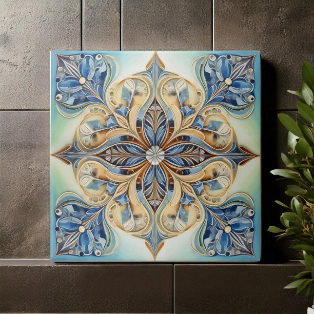 Baroque Blommigt Tile Pat#20 Blue Grönt Guld ID107 Kakelplatta (Skapare uppladdad)