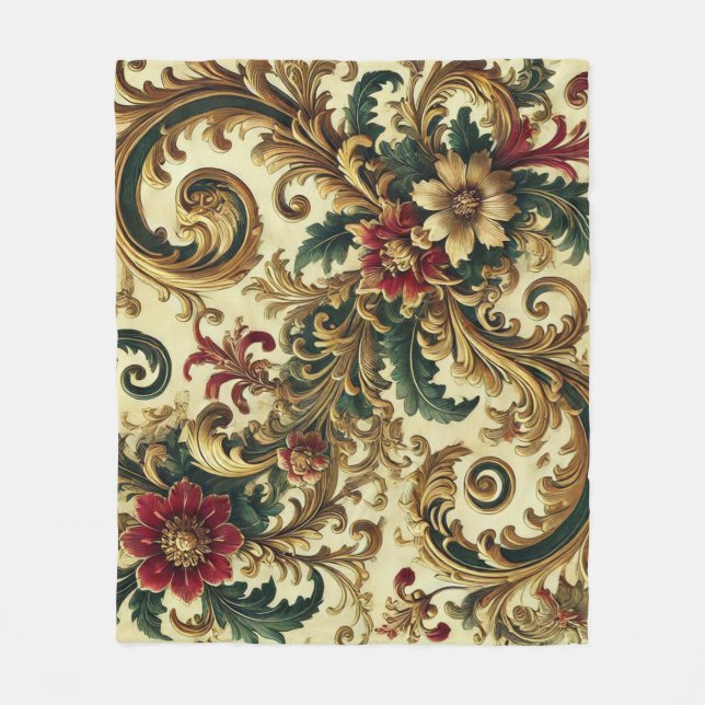 Baroque-Blommönstret med Guld, Röd, Grönt A Fleecefilt (Framsidan)