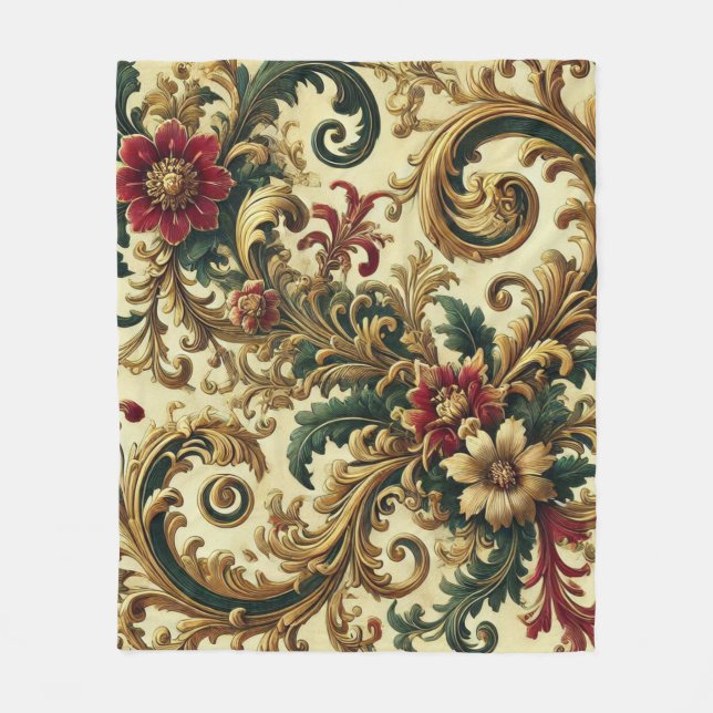 Baroque-Blommönstret med Guld, Röd, Grönt A Fleecefilt (Framsidan)