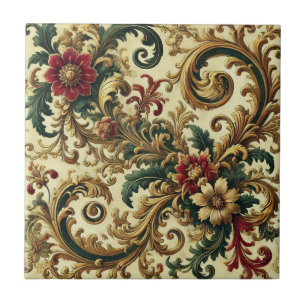 Baroque-Blommönstret med Guld, Röd, Grönt A Kakelplatta