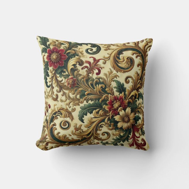 Baroque-Blommönstret med Guld, Röd, Grönt A Kudde (Framsida)