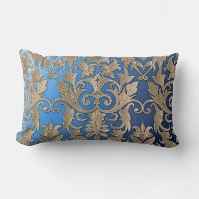 Baroque Damask Brocade Cream Beige på Blue Lumbarkudde (Framsida)
