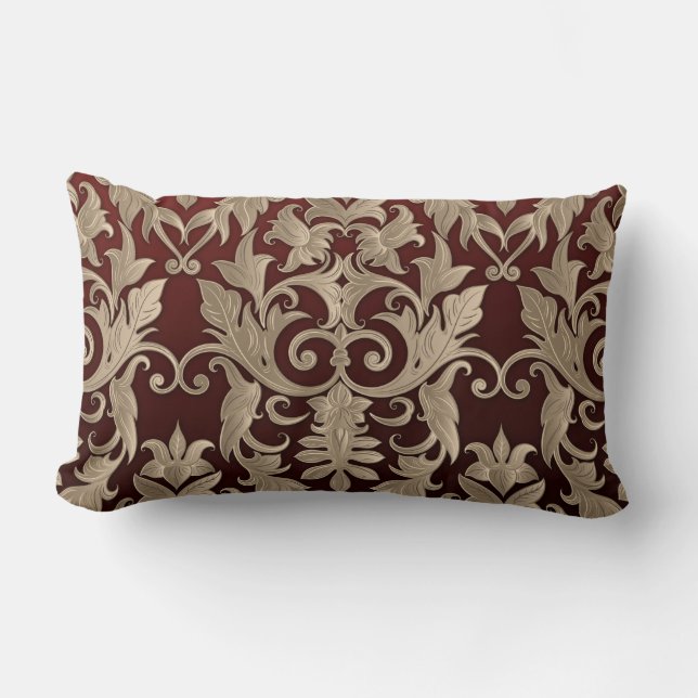 Baroque Damask Brocade Cream Beige på Burgundy Lumbarkudde (Framsida)
