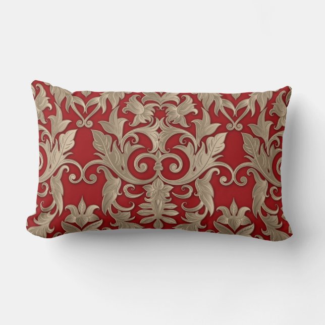 Baroque Damask Brocade Cream Beige på Röd Lumbarkudde (Framsida)