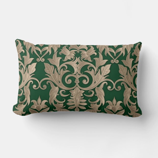 Baroque Damask Brocade Creamy Beige om Grönt Lumbarkudde (Framsida)
