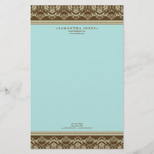 Baroque Damask Designer Stationery: aqua: Brevpapper