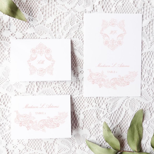 Baroque Dusty Rosa-Elegant, Namn-kort som går att  Bordsnummer (foldable escort card with blush pink romantic rococo elements and a monogram crest)