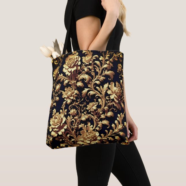 Baroque Elegance: Black & Guld Blommigt Tote Bag Tygkasse (Närbild)