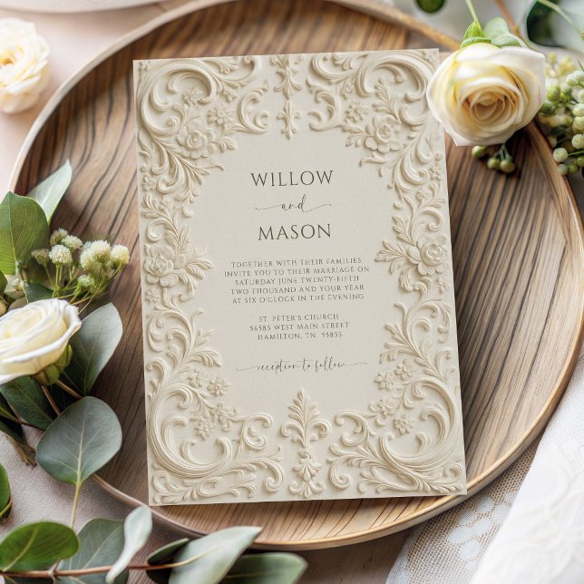 Baroque Elegance Ivory Script Wedding Inbjudningar (Baroque Elegance Ivory Script Wedding Invitation)