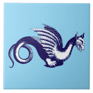 Baroque Era Blue & White Medieval Dragon Kakelplatta