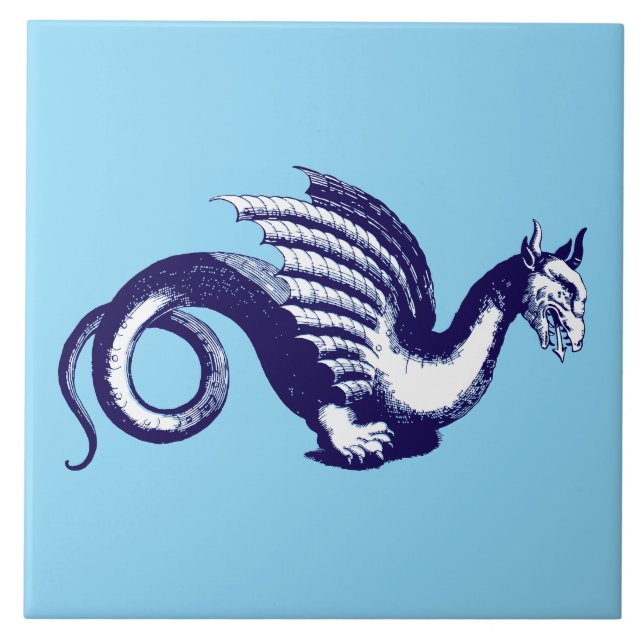 Baroque Era Blue & White Medieval Dragon Kakelplatta (Framsidan)