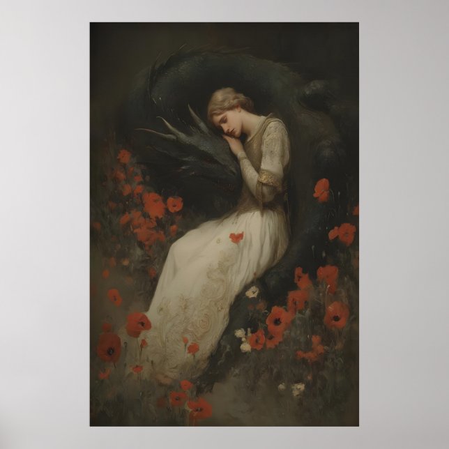 Baroque Fantasy Dragon Print, Gothic Romantic Poster (Framsidan)