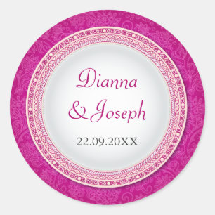 Baroque Fuchsia Plaque Bröllop Sticker Runt Klistermärke