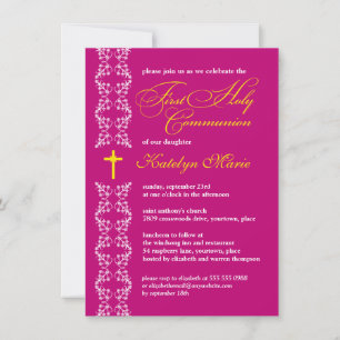 Baroque Fuchsia Strip First Heliga Communion Inbjudningar