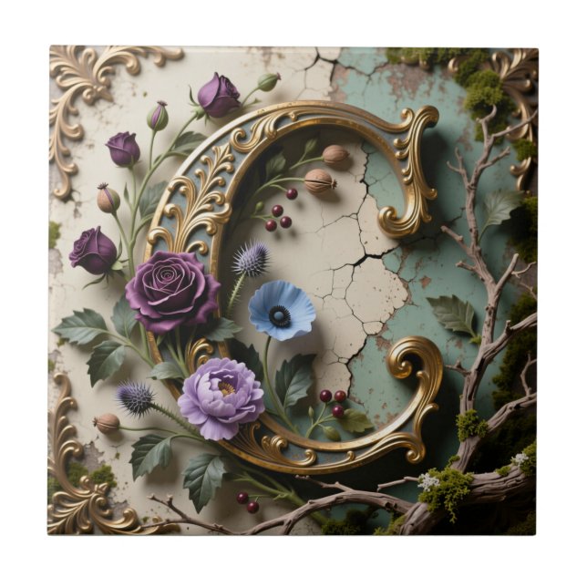 Baroque Gold Patina Letter C Monogram Kakelplatta (Framsidan)