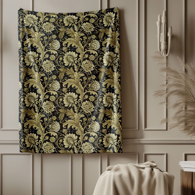 Baroque Guld Damask Blanket i Elegant Black Hue Fleecefilt (Baroque Gold Damask Blanket in Elegant Black Hue)