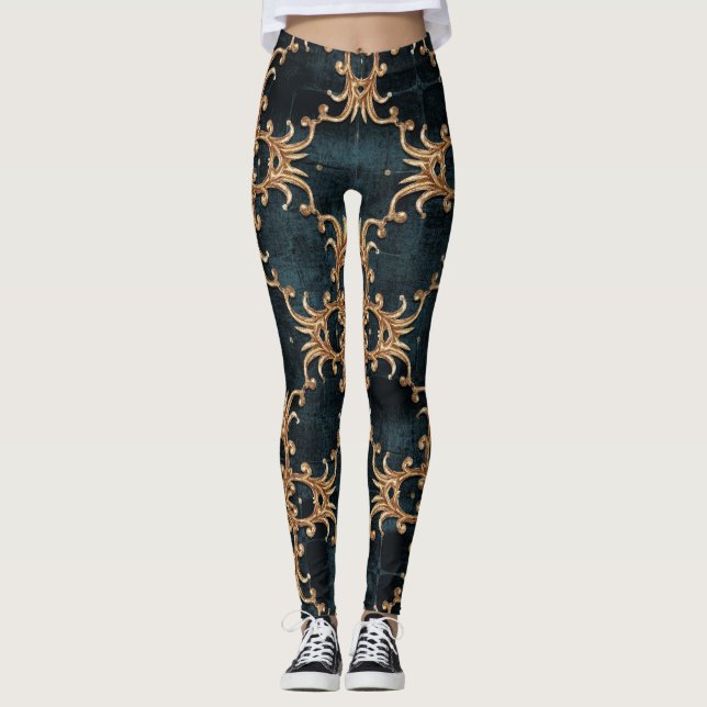 Baroque guld inslag, mörk teal sömlös. leggings (Framsida)