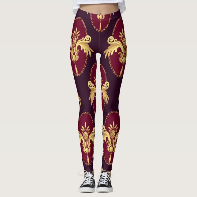Baroque Guld Sconce Magenta Mönster Leggings (Framsida)