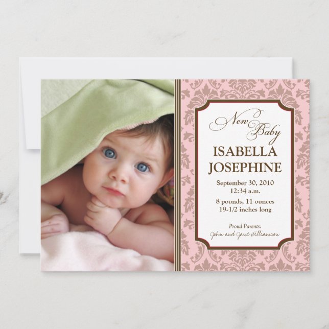 Baroque Mönster Baby Birth Notice (rosa) Meddelande (Framsida)