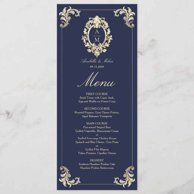 Baroque Navy Blue Guld Bröllop Middag Meny (Framsida)