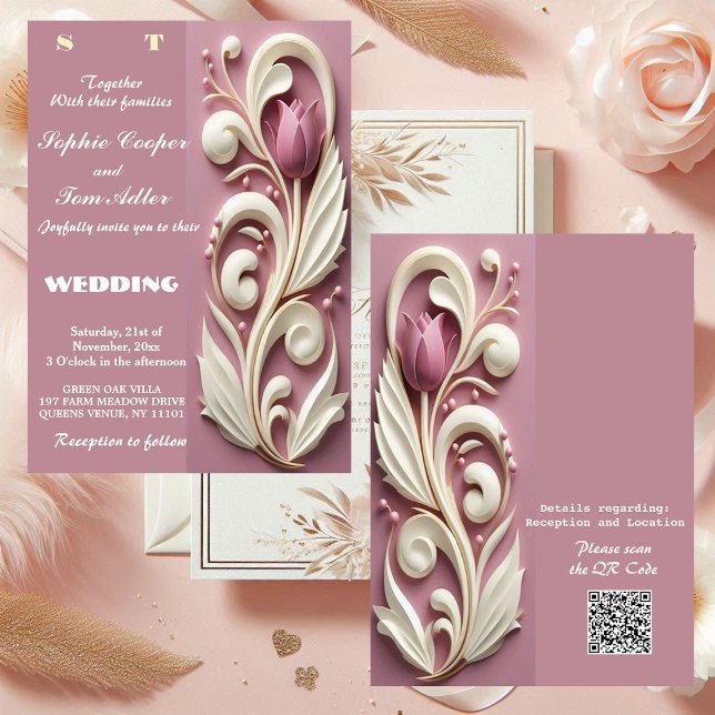 Baroque Opulence Pastel Tulip Ivory Swirl Mulberry Inbjudningar (Baroque Opulence Pastel Tulip Ivory Swirl Mulberry Invitation)