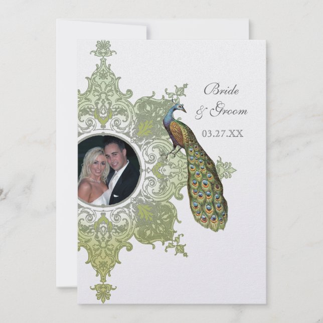 Baroque Peacock Wedding bjudande - Olive Lime Gr Inbjudningar (Framsida)