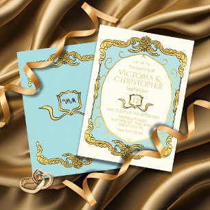 Baroque ReEmergency Faux Guld Blue Bröllop Inbjudningar