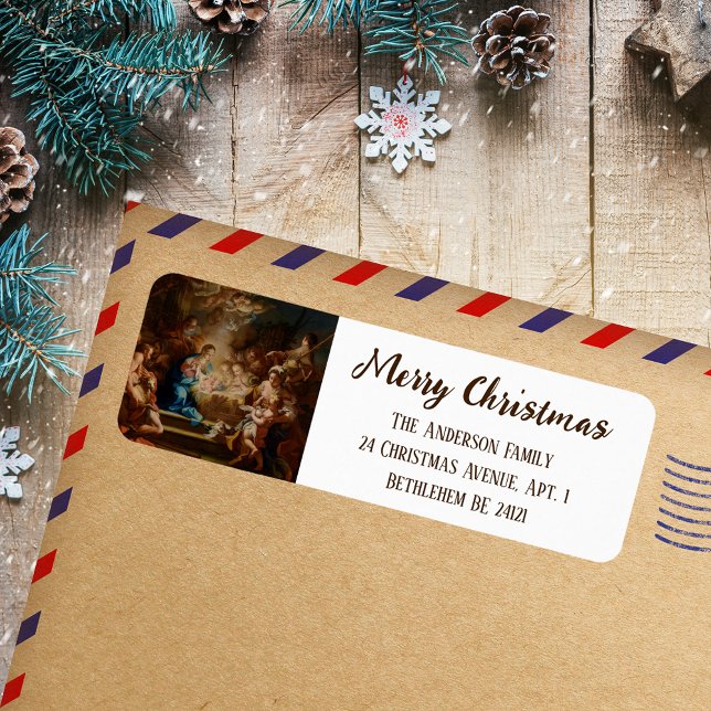 Baroque Religious Elegant Merry Christmas Nativity Returadress Etikett (Baroque Religious Christian Catholic Elegant Merry Christmas Nativity Scene Return Address Label)