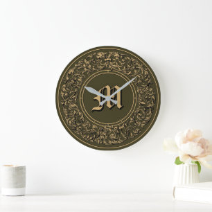 Baroque Rococo Blommigt Wandeand Monogram Skriv ut Stor Klocka
