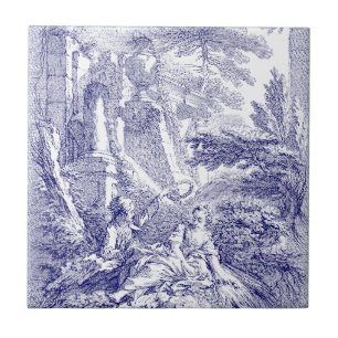 Baroque Rococo Boucher Pastoral Blue & White Kakelplatta