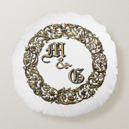 Baroque Rococo Cartouche Monogram Bröllop Ringar Rund Kudde