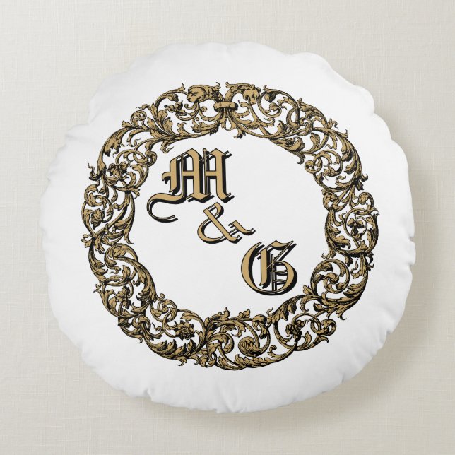 Baroque Rococo Cartouche Monogram Bröllop Ringar Rund Kudde (Framsidan)