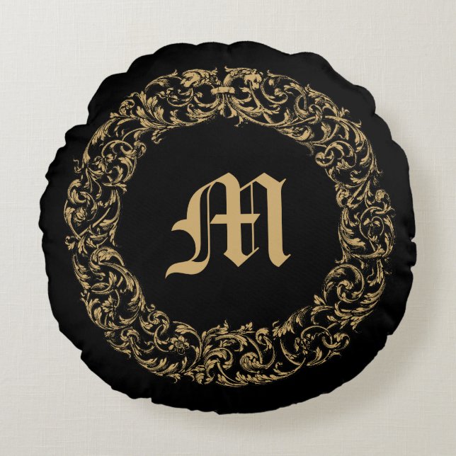 Baroque Rococo Floral Wreath Monogram Print Rund Kudde (Framsidan)