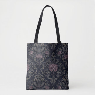 Baroque Rose Moth Tote – Gothic Floral Damask Bag Tygkasse