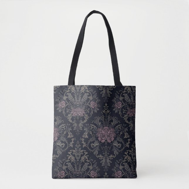 Baroque Rose Moth Tote – Gothic Floral Damask Bag Tygkasse (Framsida)