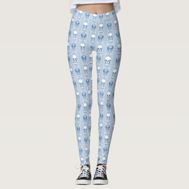 Baroque Skull Rand Mönster Blue Leggings (Framsida)