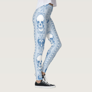 Baroque Skull Rand Mönster Blue Leggings