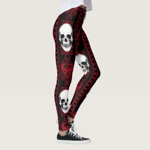 Baroque Skull Rand Mönster Red Leggings