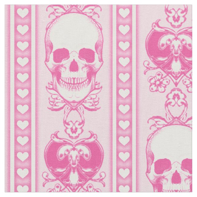 Baroque Skull Rand Mönster Rosa Fabric Tyg (Närbild)