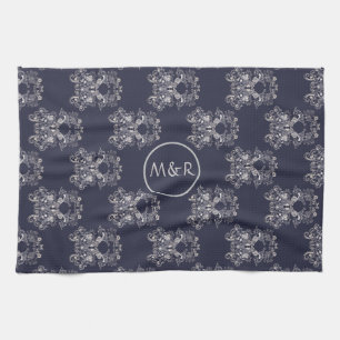 Baroque stil blommigt marinen mönster. Monogram. T Kökshandduk