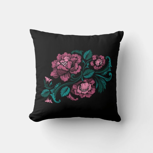 Baroque-Stil Embroidery Rosa Teal Blommigt Black Kudde (Framsida)