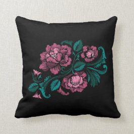 Baroque-Stil Embroidery Rosa Teal Blommigt Black Kudde