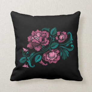 Baroque-Stil Embroidery Rosa Teal Blommigt Black Kudde