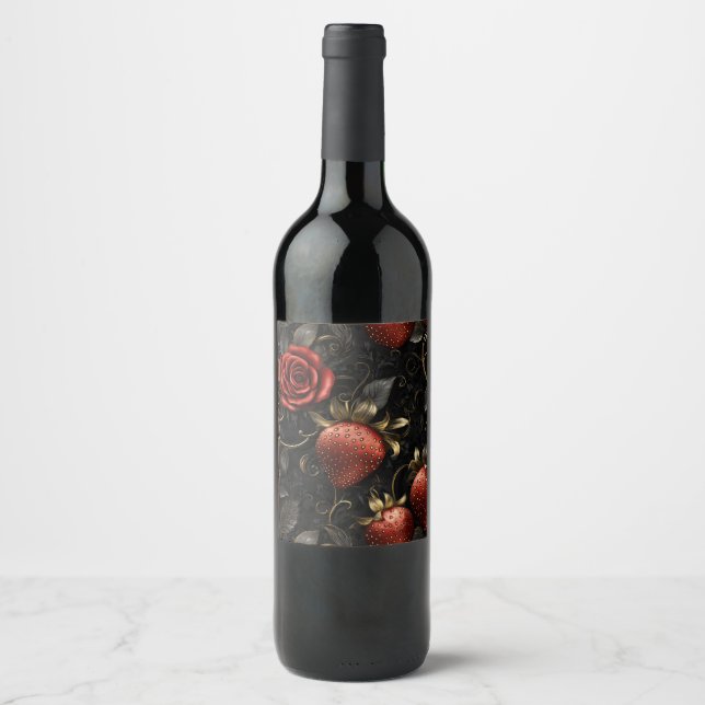 Baroque Strawbär och Ro Seamless Mönster Vinflaska Etikett (Framsida)