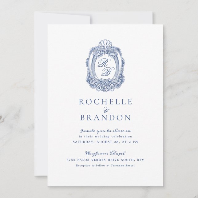 Baroque Vapensköld Fransk Blue Antique Bröllop Inbjudningar (Framsida)