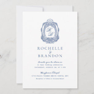 Baroque Vapensköld Fransk Blue Antique Bröllop Inbjudningar