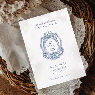 Baroque Vapensköld Fransk Blue Antique Bröllop Spara Datumet