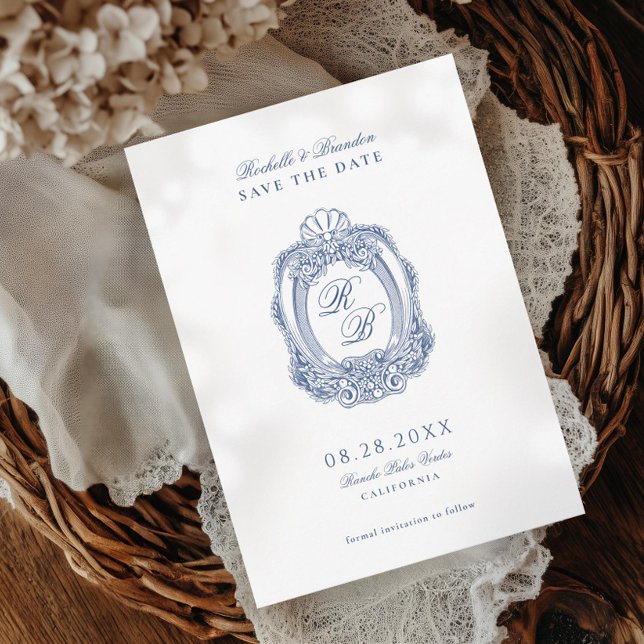 Baroque Vapensköld Fransk Blue Antique Bröllop Spara Datumet (Skapare uppladdad)