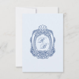 Baroque Vapensköld Fransk Blue Initialer Bröllop Anteckningskort
