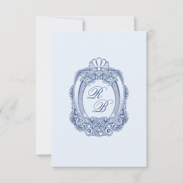 Baroque Vapensköld Fransk Blue Initialer Bröllop Anteckningskort (Framsida)